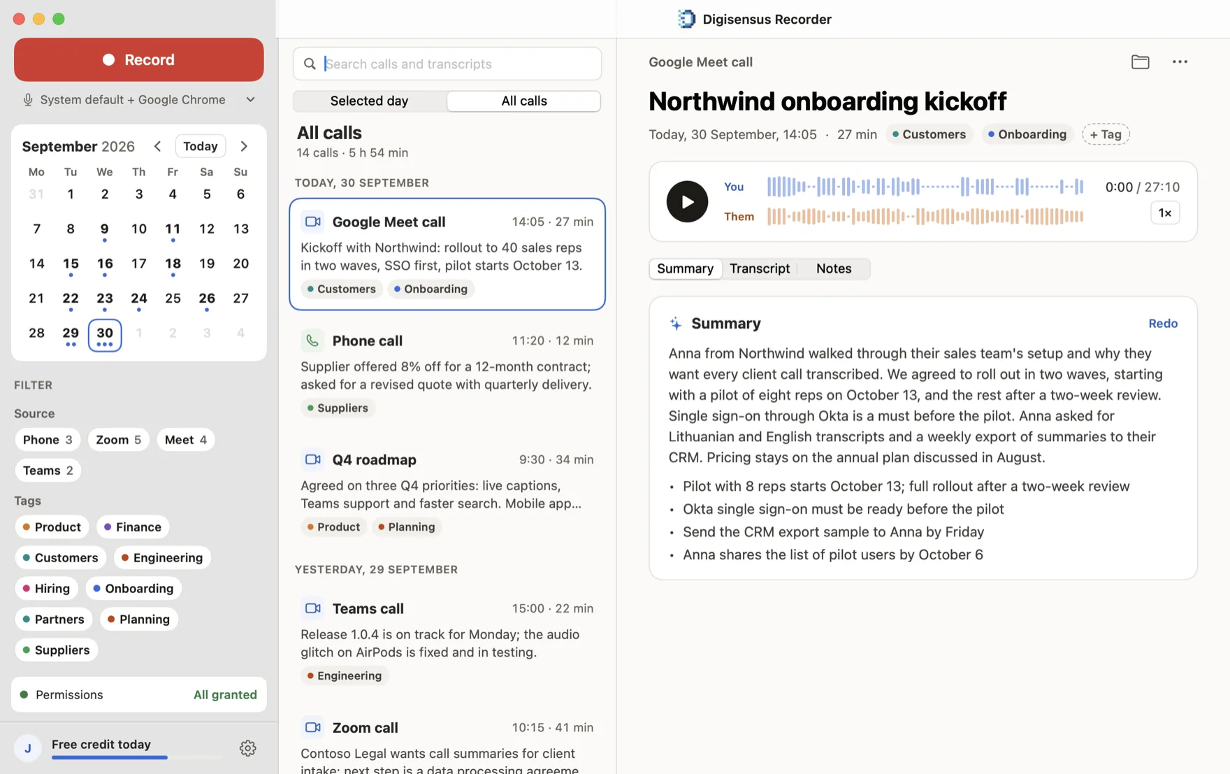 All recorded Zoom, Meet, Teams and phone calls, filtered by app and tag, with a searchable transcript archive