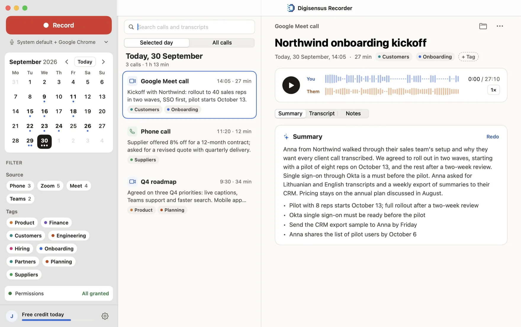 Digisensus Recorder, a call recorder for Mac: a day of recorded calls with AI meeting notes for a Google Meet call