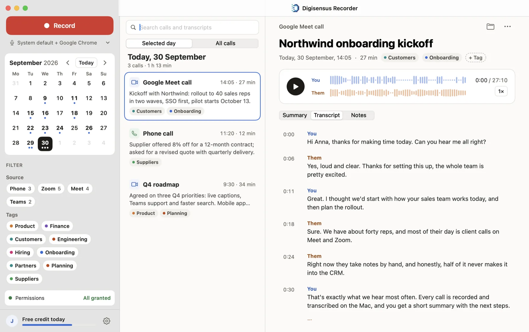 Call transcript on Mac that shows who said what, split into you and them, with timestamps