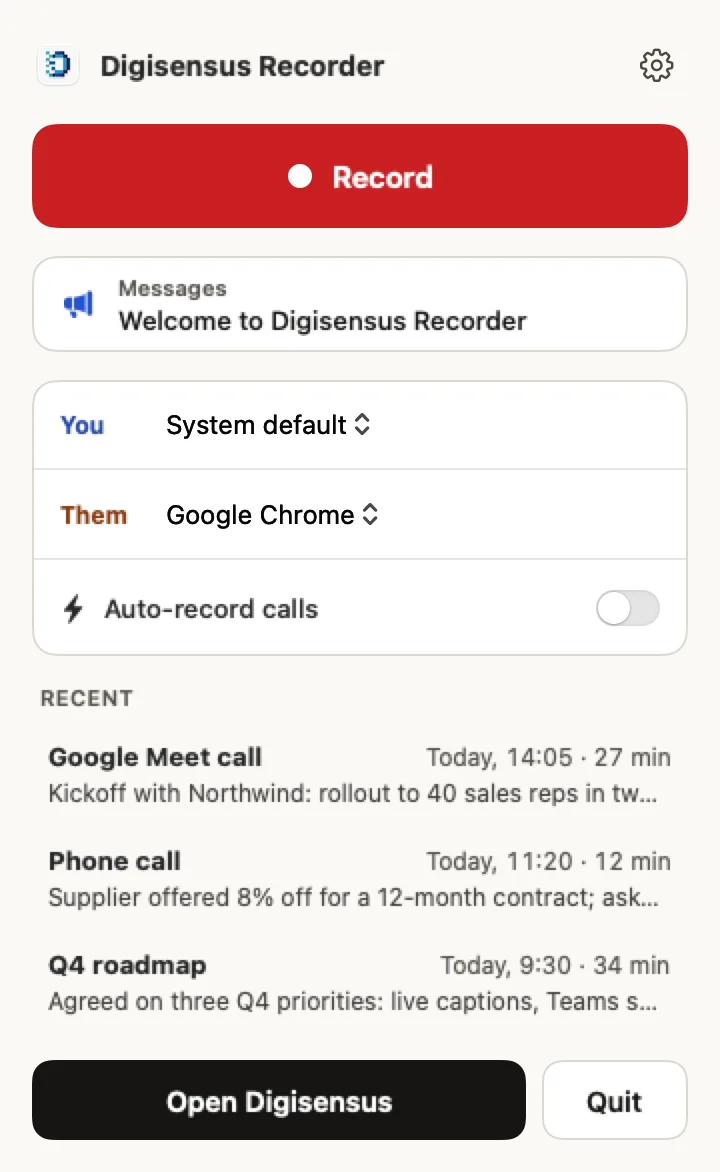 Menu bar call recorder with auto-record and recent calls